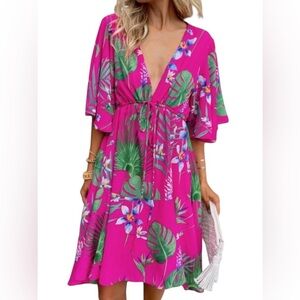 NWT Tropical Print Pink Vacation Beach Cruise High-Low Hi-Lo Dress Resort Wear